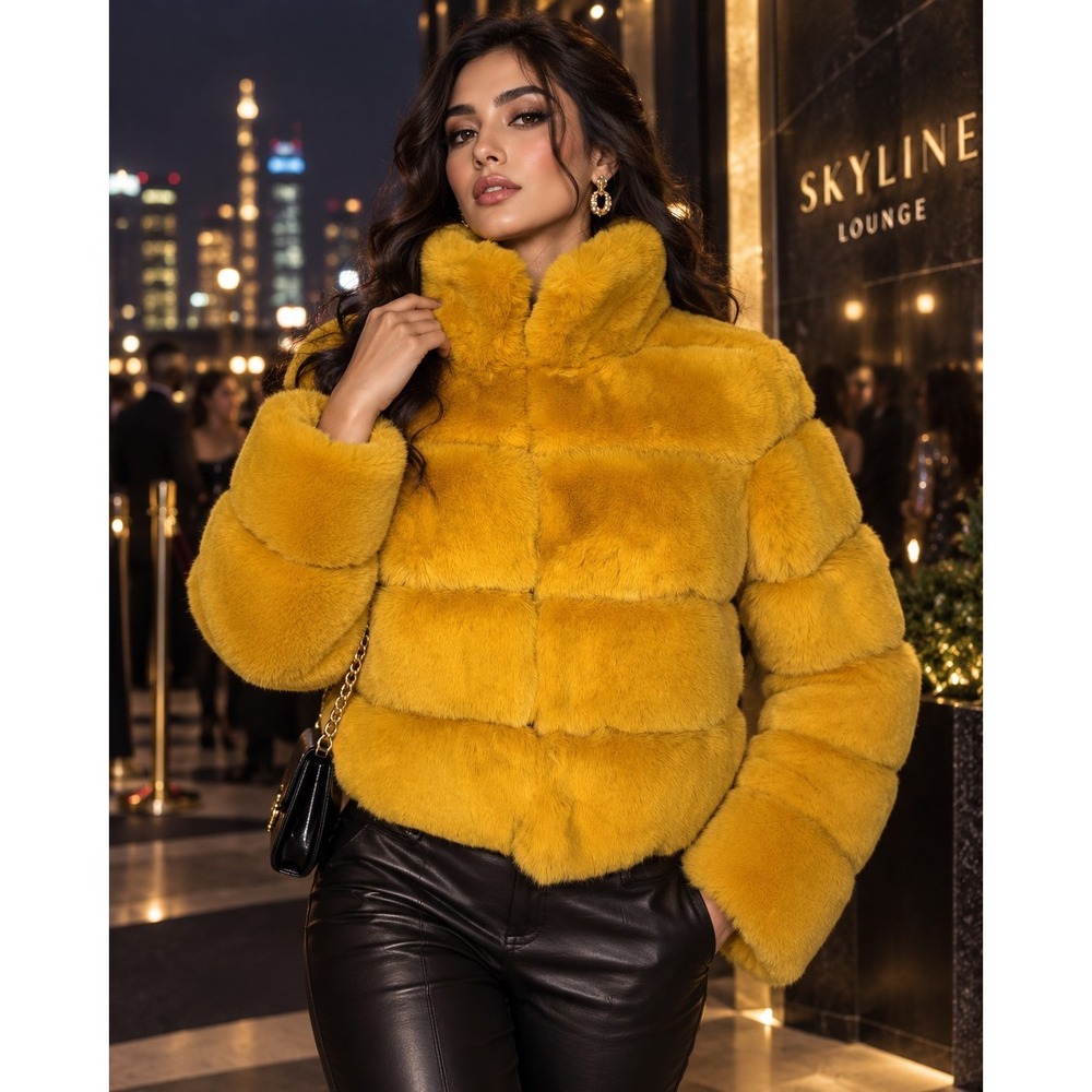 Belle Fare Mustard Yellow Faux Fur Puffer Jacket Funnel Neck Cropped XS